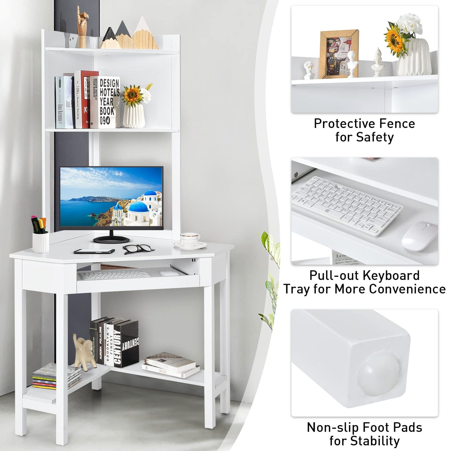 Corner Desk with Keyboard Tray & Bottom Shelves for Small Space