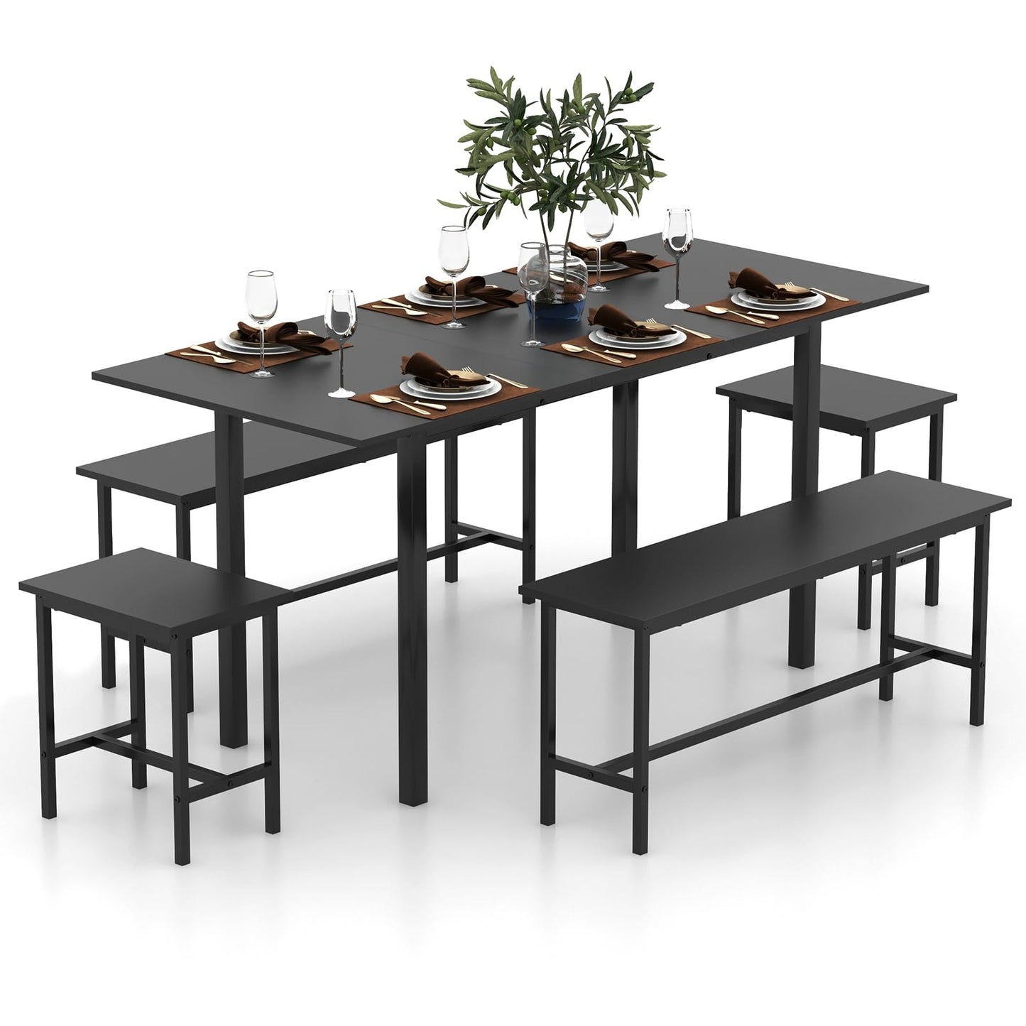 Extendable Dining Table Set for 4-6 with 2 Benches and 2 Square Stools