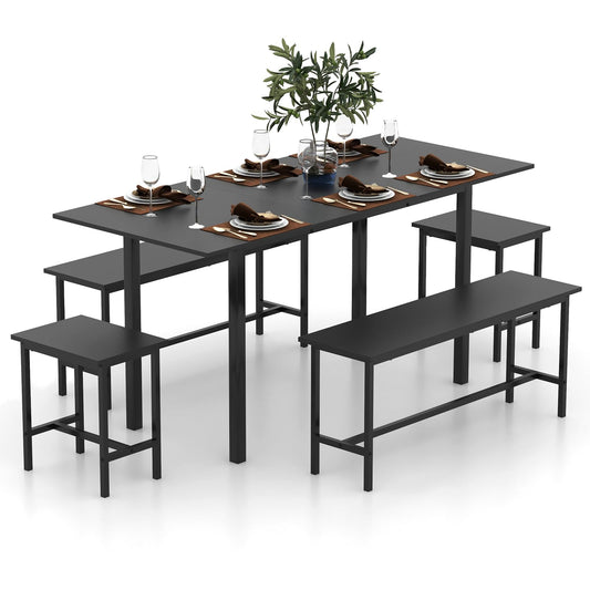 Extendable Dining Table Set for 4-6 with 2 Benches and 2 Square Stools