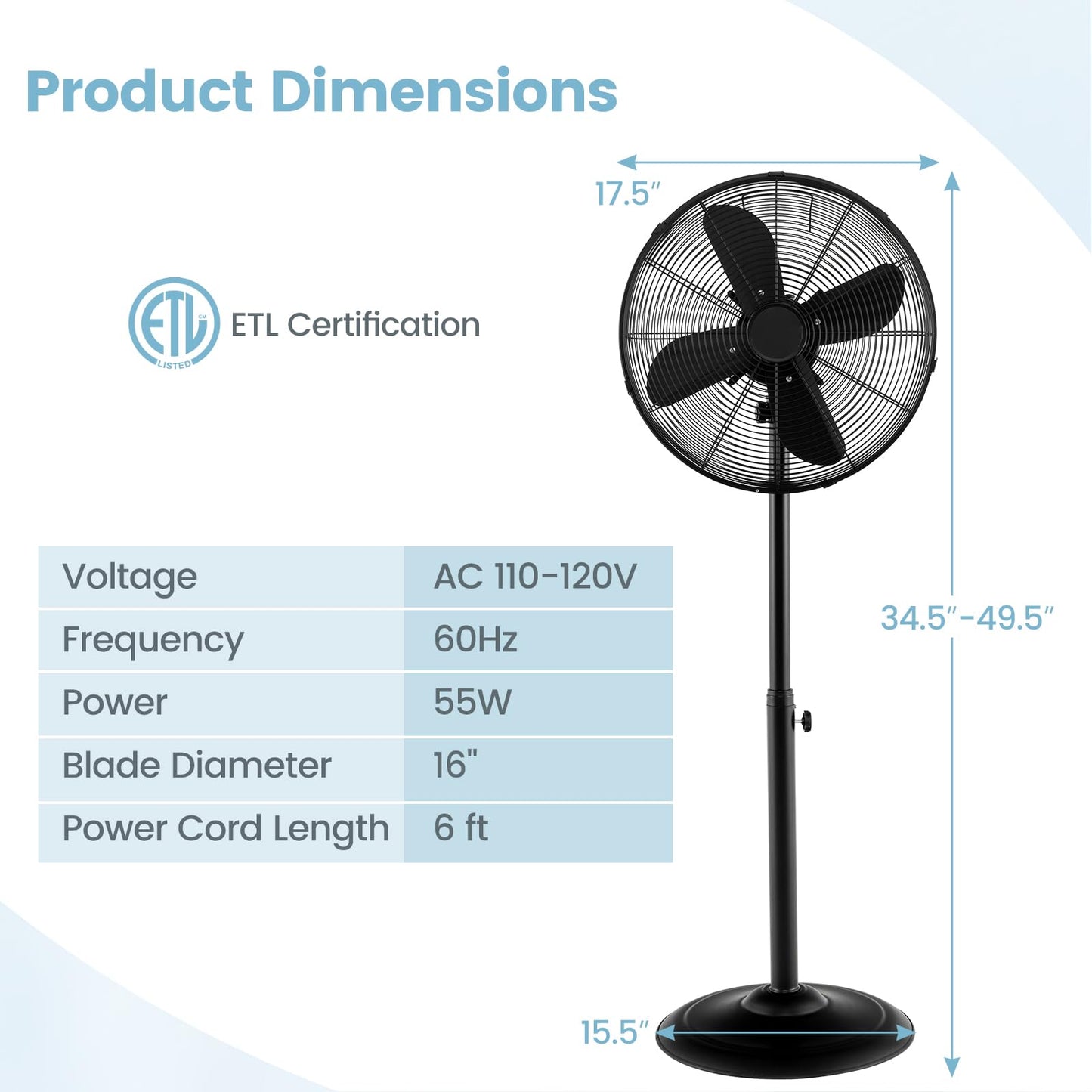 ARLIME Pedestal Fan, 16 Inch Oscillating Fan w/ 3 Speeds & Adjustable Height, 75° Oscillation & 20° Tilt