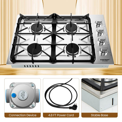 30-inch Gas Cooktop, Stainless Steel Gas Stove Top with 4 Burners, ABS Knobs and Cast Iron Grates