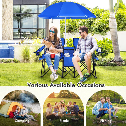 Portable Folding Picnic Double Chair W/Umbrella Table Cooler Beach Camping Chair