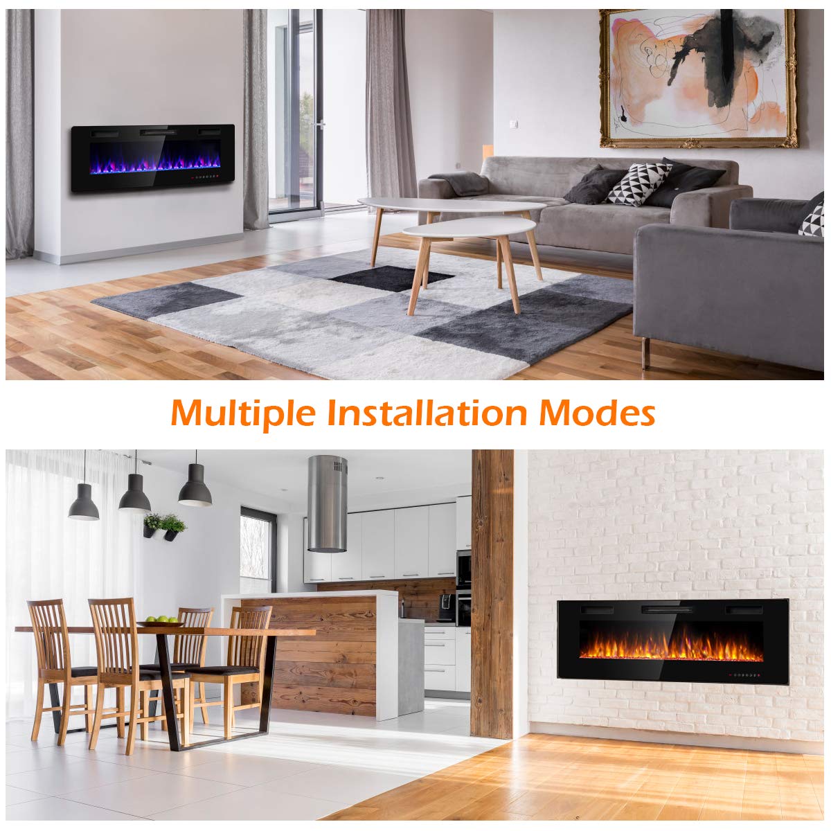 50 Inches Recessed Electric Fireplace, in-Wall & Wall Mounted Electric Heater
