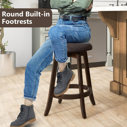 24-Inch Swivel Bar Stools Set of 2/4 Upholstered Barstools w/PU Leather Seat & Solid Rubber Wood Legs