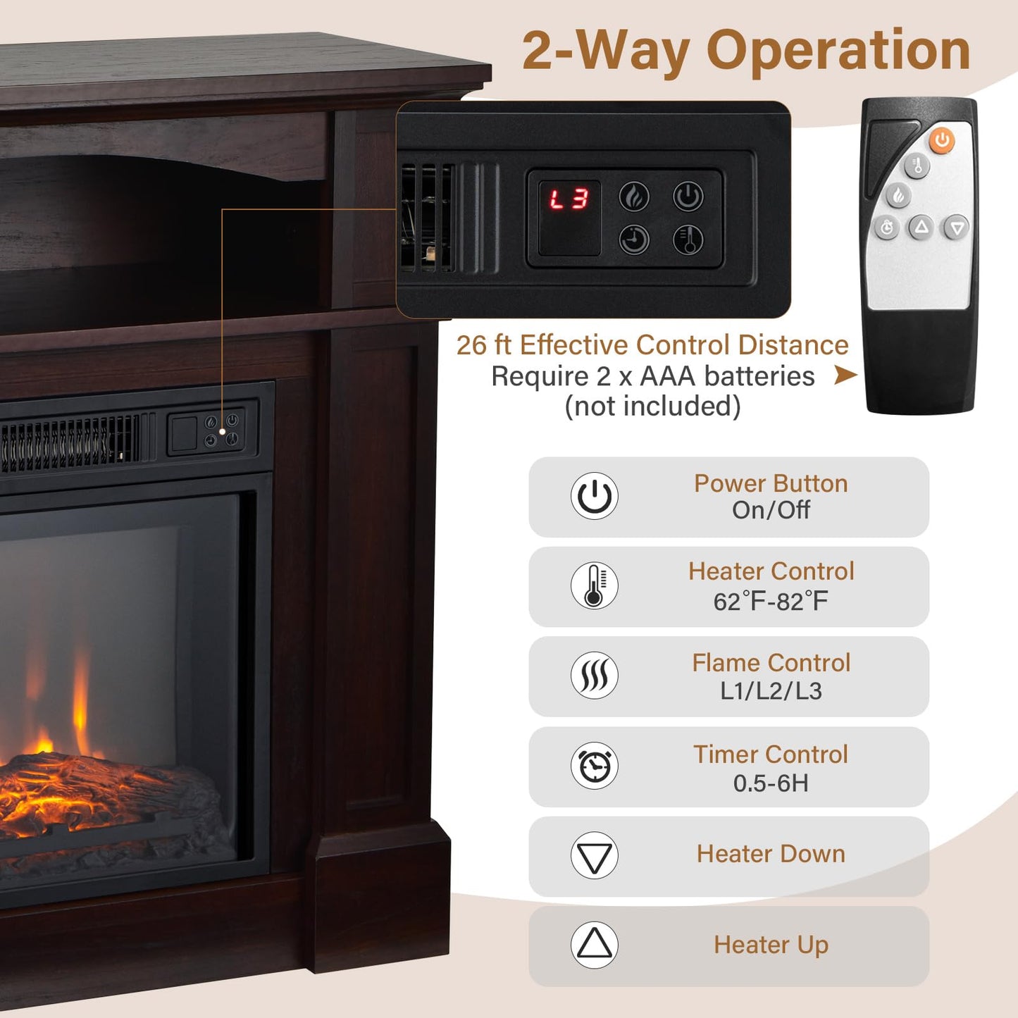 32-inch Electric Fireplace with Mantel, 1400W Adjustable Freestanding Heater with Remote Control