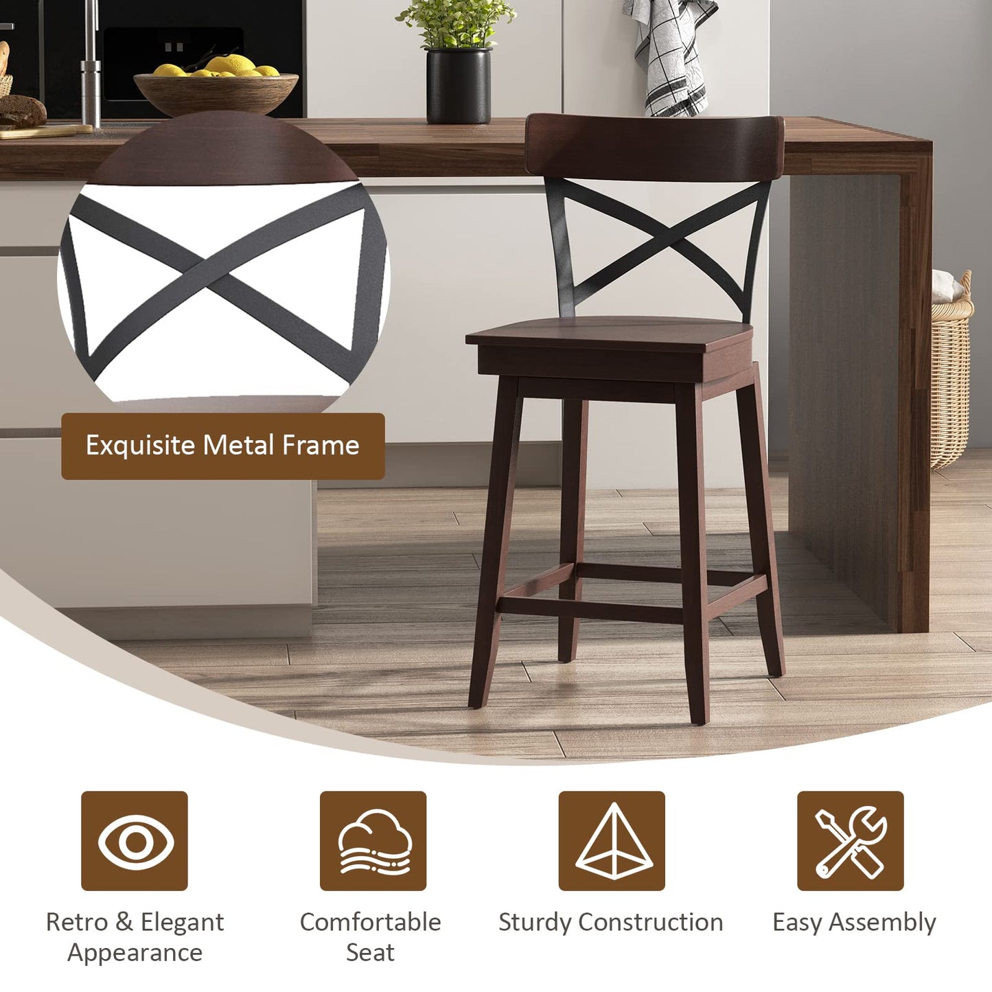 24 Inch Swivel Bar Stool Set of 2/4 Ergonomic Counter Height Chairs with Open X Back & Footrest