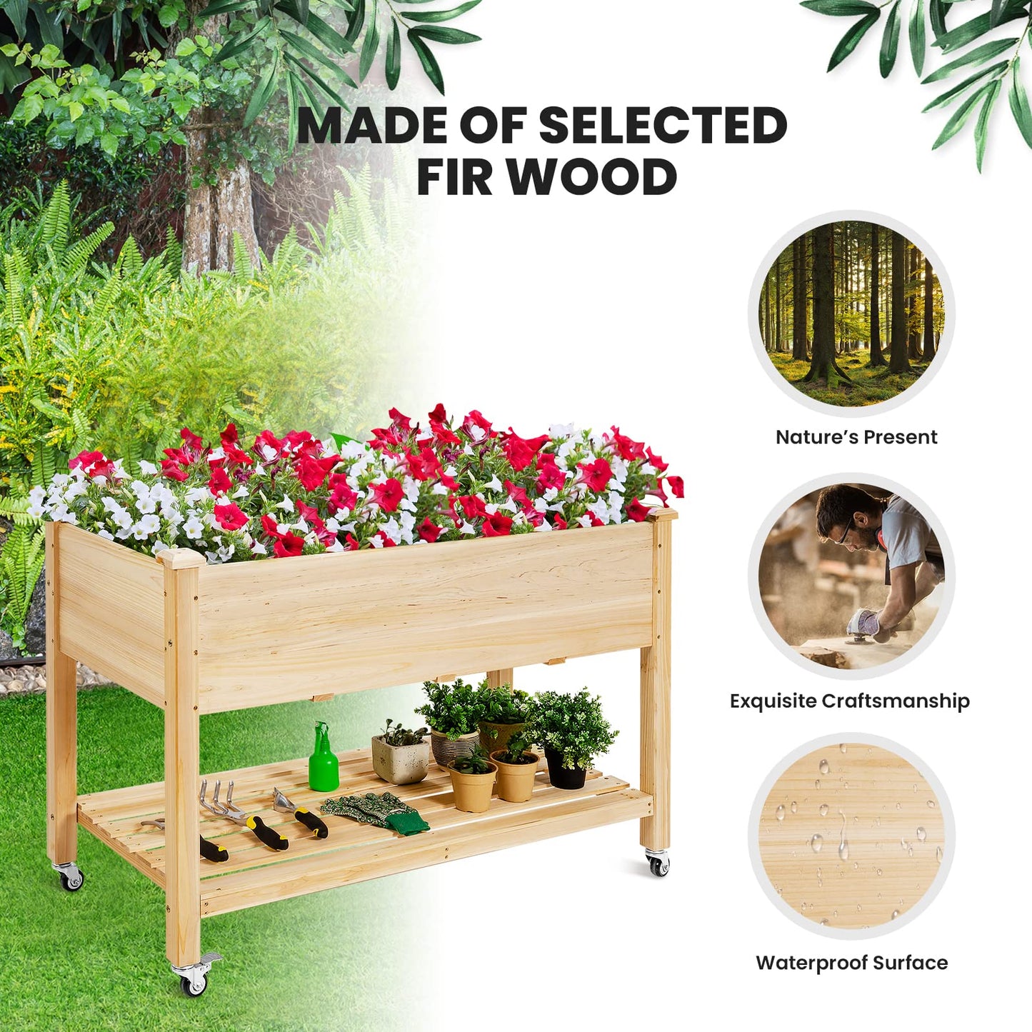 Raised Garden Bed with Wheels & Storage Shelf ( 47.5”L x 23.5”W x 33”H )