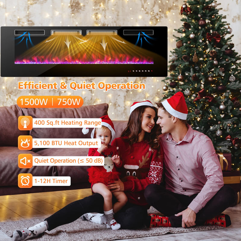 60-Inch Wide Electric Fireplace, 3.19-Inch Deep Ultra-Thin Wall-Mounted and Recessed Fireplace Heater