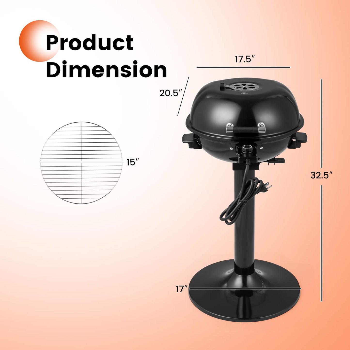 Portable Grill with Metal Cooking Grilling Rack | Detachable Temperature Control & Removable Grease Collector