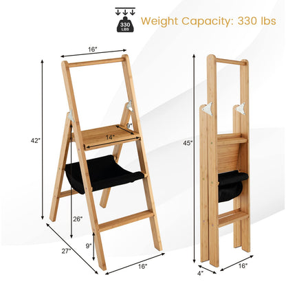 ARLIME 3 Step Bamboo Ladder Folding Step Stool with Storage Bag