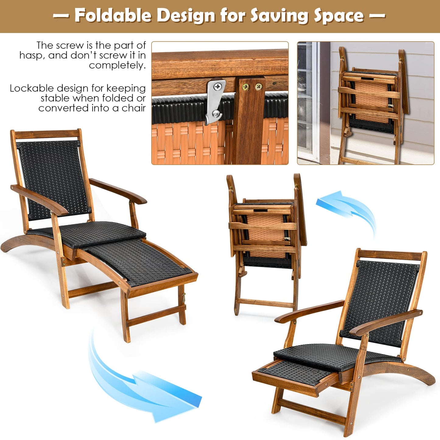 Patio Folding Rattan Lounge Chair with Convenient Retractable Footrest