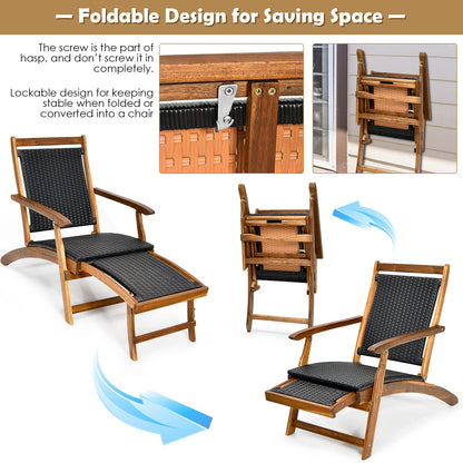 Patio Folding Rattan Lounge Chair with Convenient Retractable Footrest
