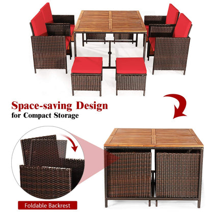 9PCS Patio Rattan Dining Set with Ottomans for Backyard Garden