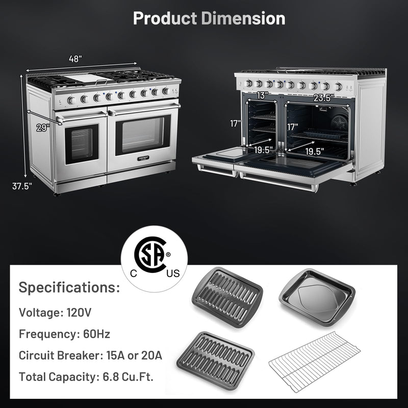 48 Inches Natural Gas Range, with 7 Burners Cooktop & Double Ovens, Storage Drawer