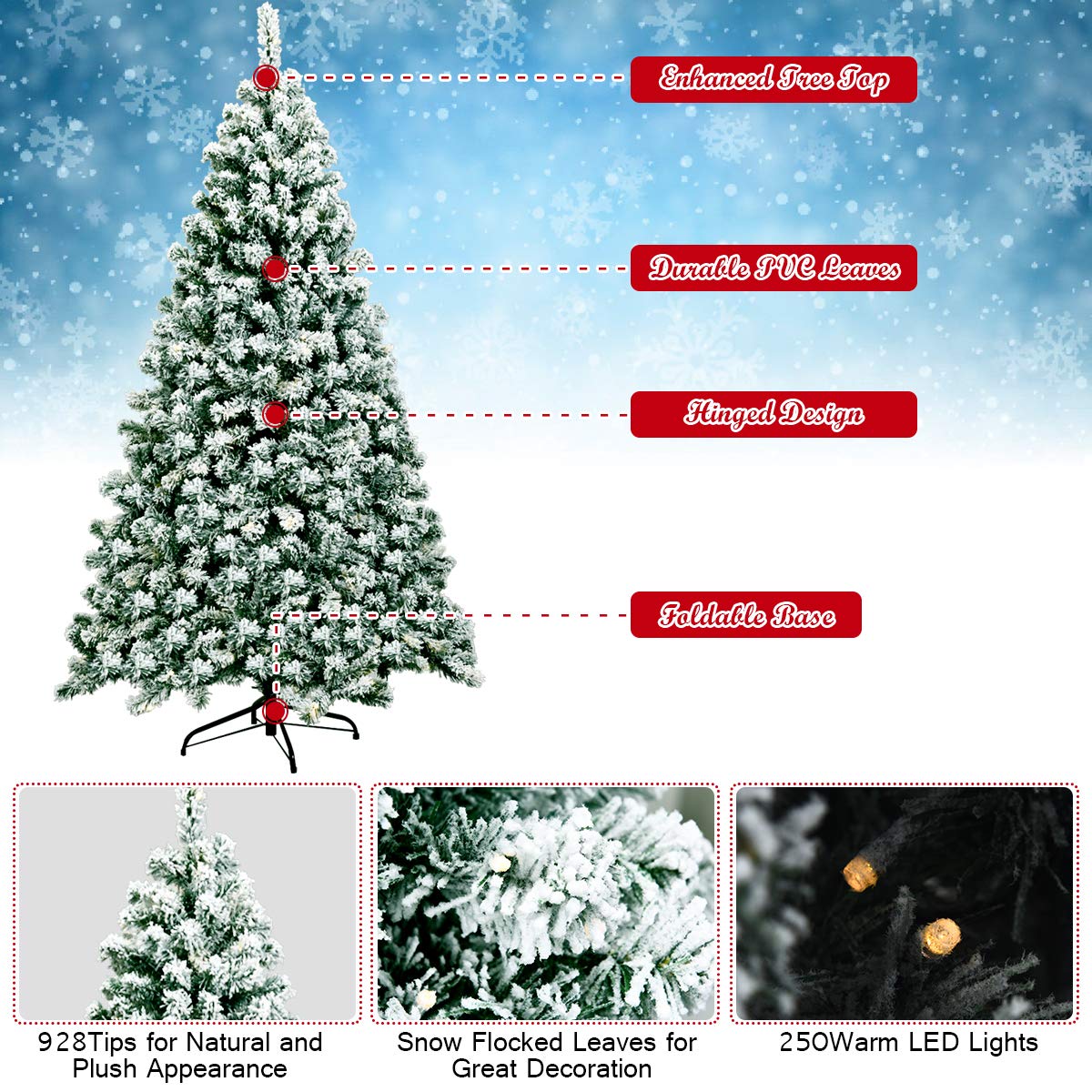 6Ft Pre-Lit Artificial Christmas Tree with 250 Led Lights 928 Branch Tips