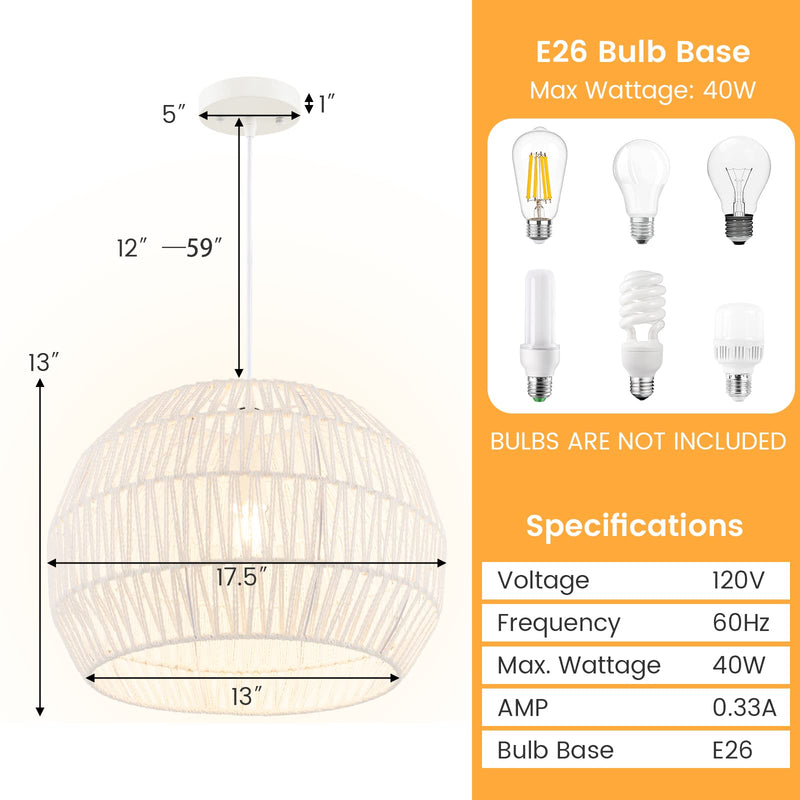 ARLIME Farmhouse Rattan Pendant Lights - Boho Modern Round Ceiling Chandelier Hanging Lamp