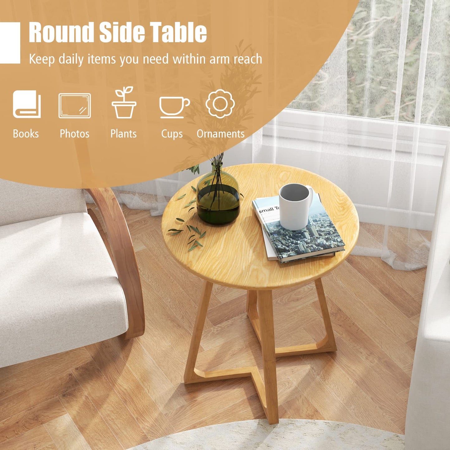 24” Round Side Table Solid Rubber Wood End Table Compact Tea Table Beside Sofa or Bed