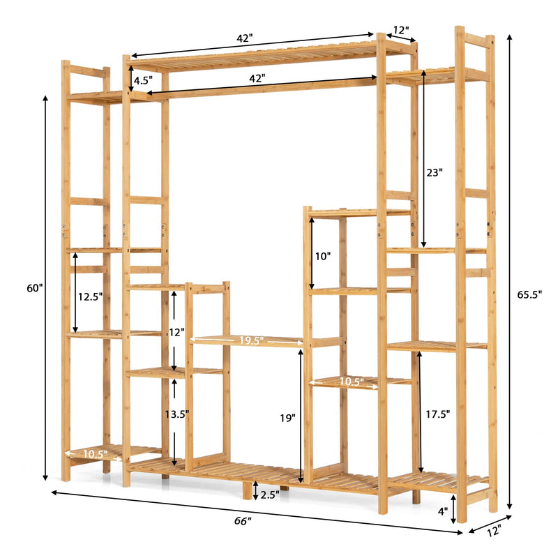 Bamboo Plant Stand with Hanging Rack & Anti-Dumping Device 2-In-1 High-Low Plant Holder Shelf