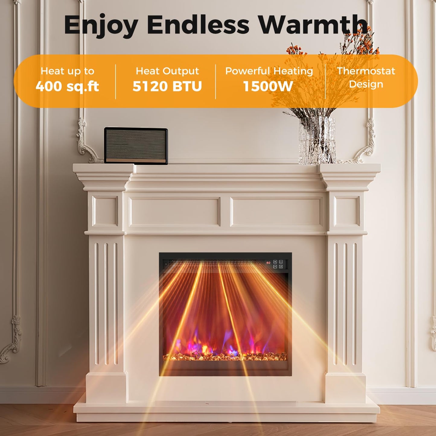 18 Inch Recessed Fireplace Heater Electric Fireplace Insert w/Multi-Color Flame & Crystal Ember Bed