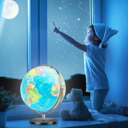 Illuminated World Globe 13” Desktop Geographic Globe w/LED Light & Easy-to-Read Clear Map for Students