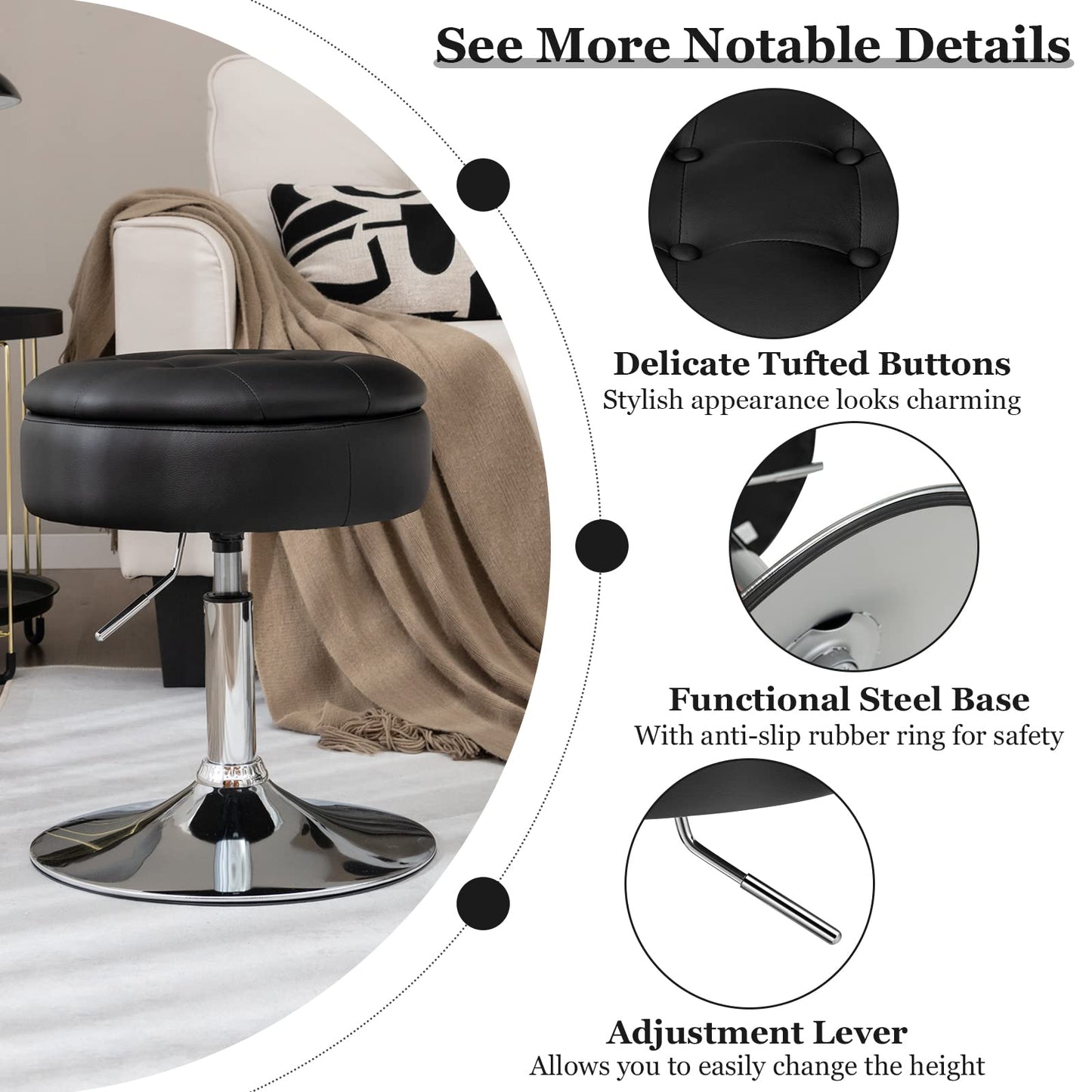 Adjustable Swivel Vanity Stool 360° Swivel 20"-26" Height Adjustable Tufted Round PU Leather Ottoman with Storage