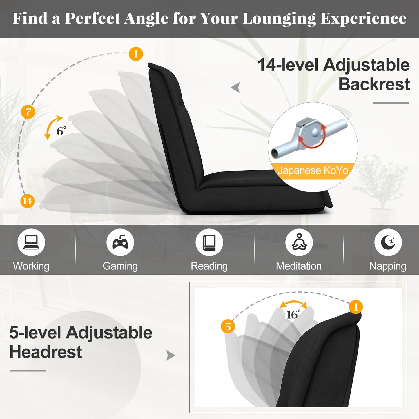 Folding Floor Chair Convertible Lazy Sofa Chair with 14-Poistion Adjustable Backrest