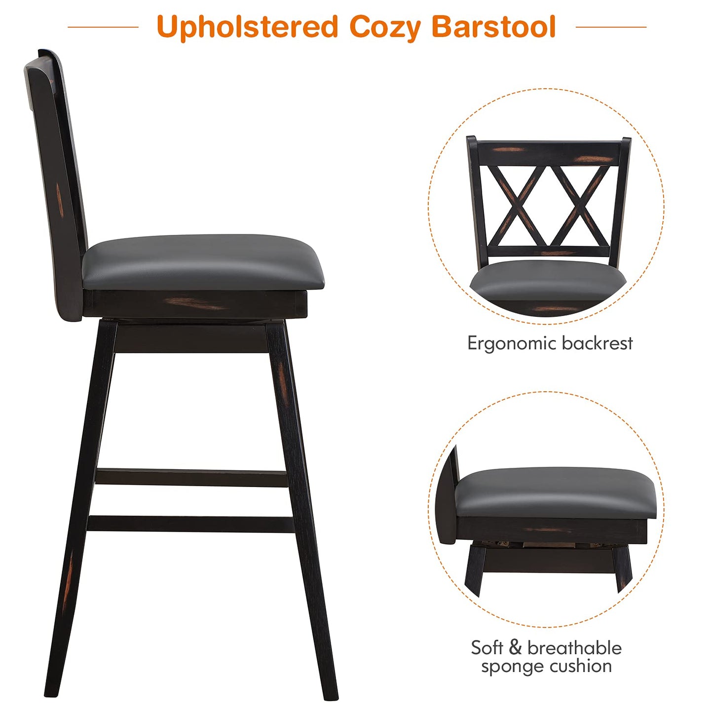 360 ° Swivel Bar Height 29.5 inch Bar Stool with Foot Rest Upholstered Cushion & Ergonomic Backrest