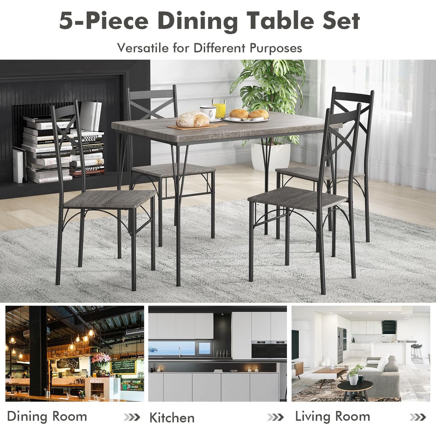 5 Piece Rectangular Kitchen Table and Chairs Set with Metal Frame for Home