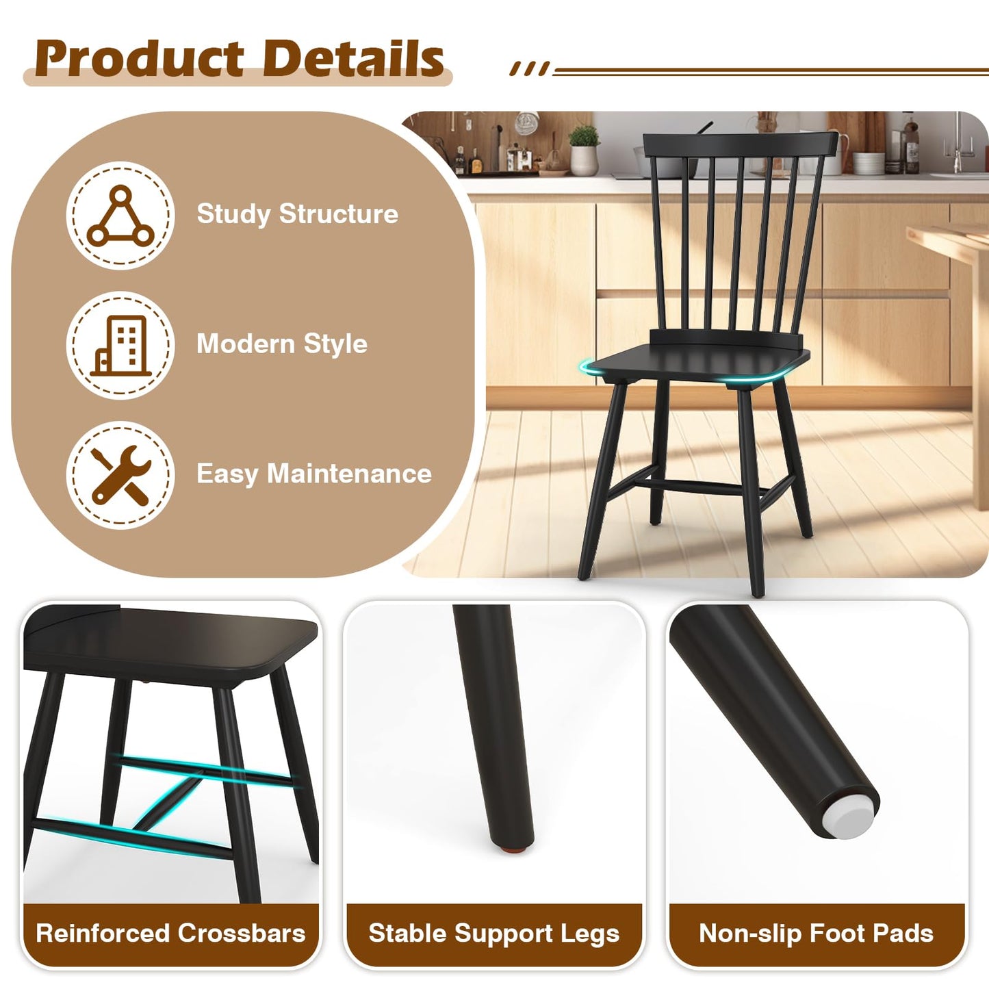 Windsor Dining Chair Set with Spindle Back Spacious Seat Rubber Wood Frame