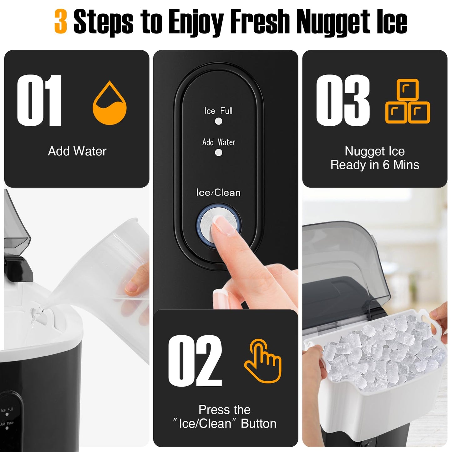 ARLIME Nugget Countertop Ice Maker with Handle Ready in 6 Mins 34 lbs/24H