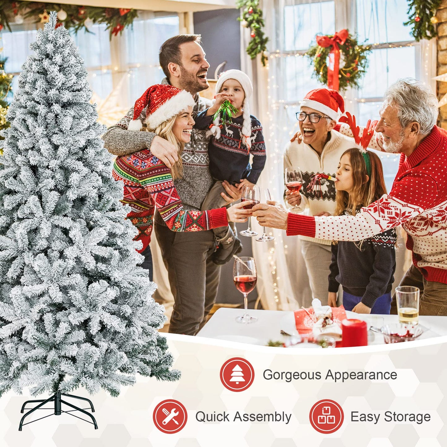 7.5 FT Snow Flocked Christmas Tree Artificial Holiday Hinged Pine Tree with 1010 Branch Tips