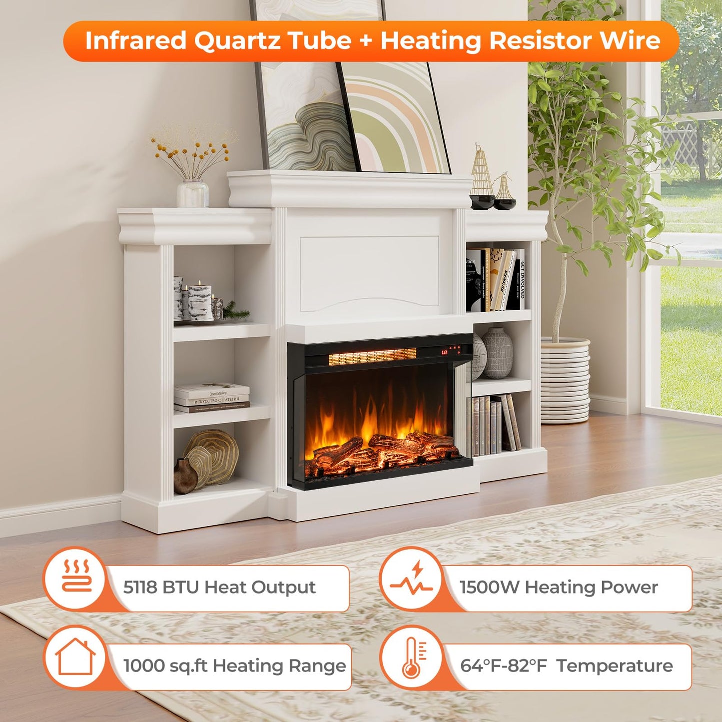 23 Inch 3-Sided Electric Fireplace 1500W Recessed Fireplace Insert w/ 7-Color Flame & Adjustable Brightness