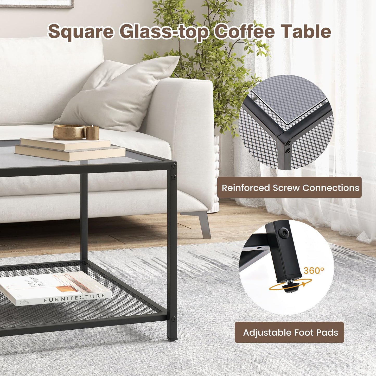 27.5” Square Glass Top Accent Table with Metal Frame