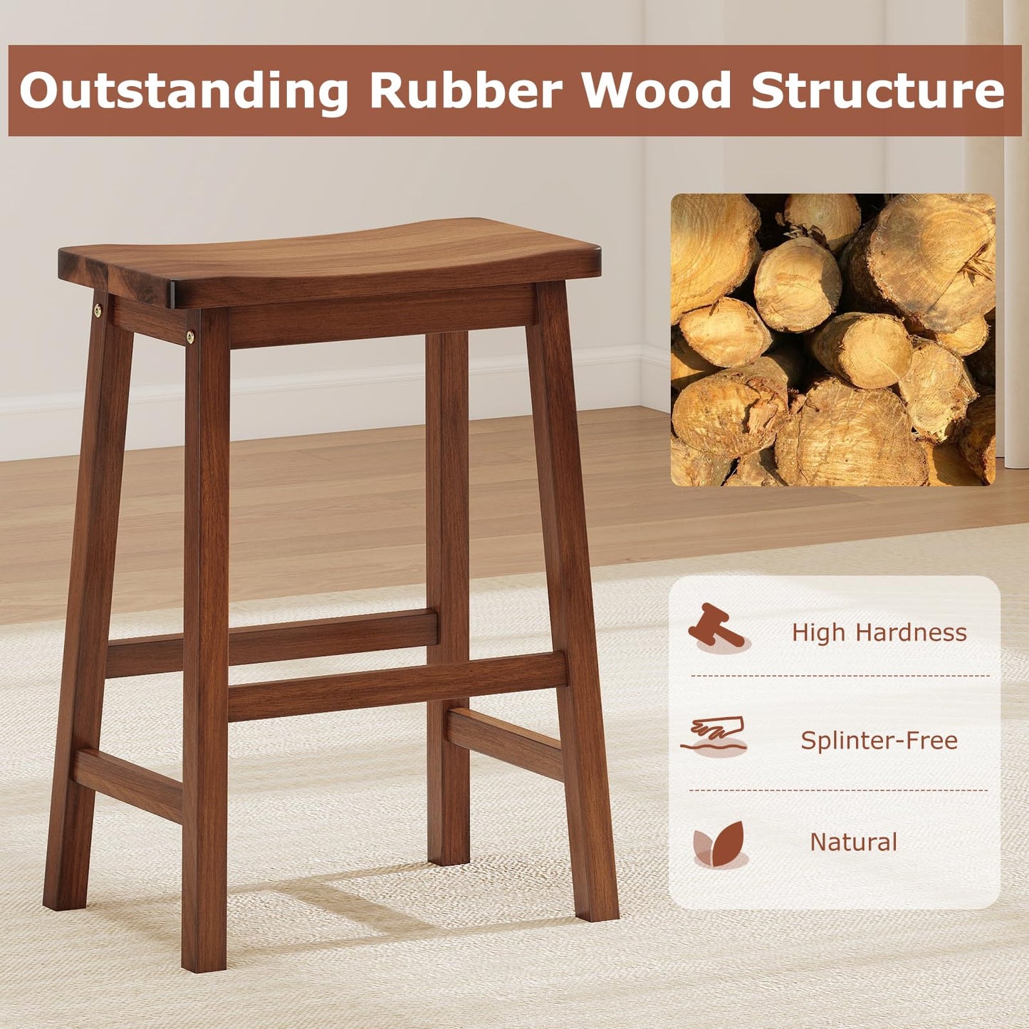 Wooden Saddle Stools Set of 2/4 with Rubber Wood Curved Seat