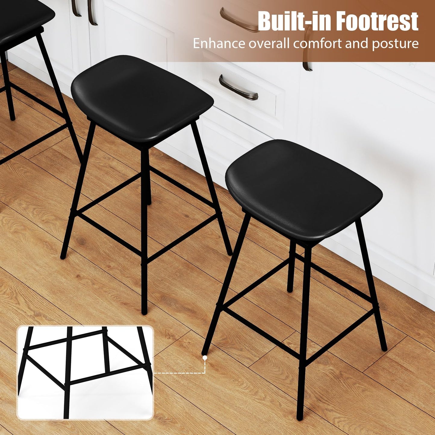 Faux Leather Backless Bar Stools with Padded Saddle Seat and Footrest