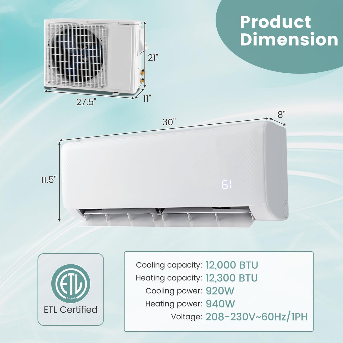 ARLIME 12000 BTU Split Air Conditioner, 21 SEER Energy Efficient Air Conditioner