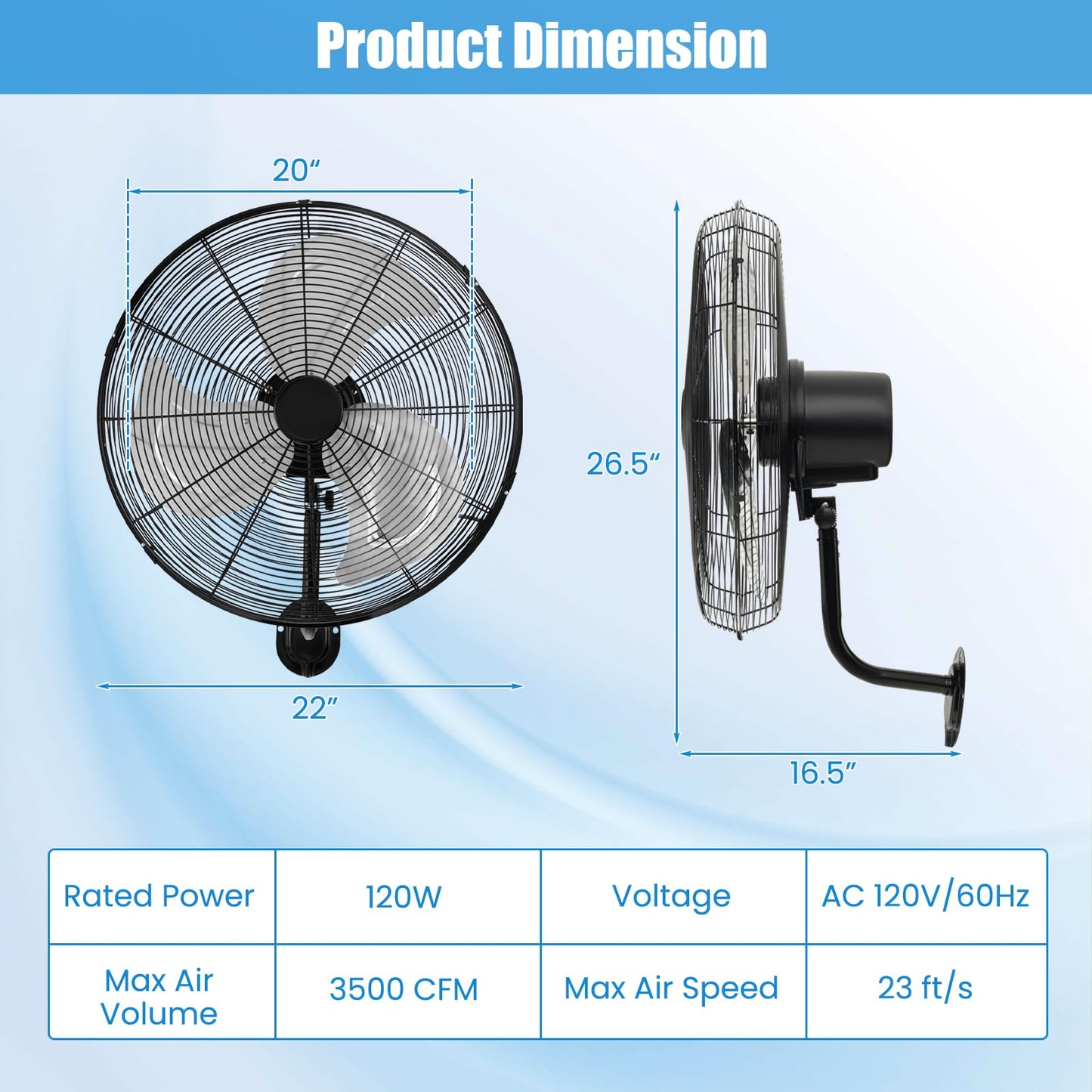 ARLIME 20 Inch Wall Mount Fan, Max. 3500 CFM Efficient Industrial Wall Fan