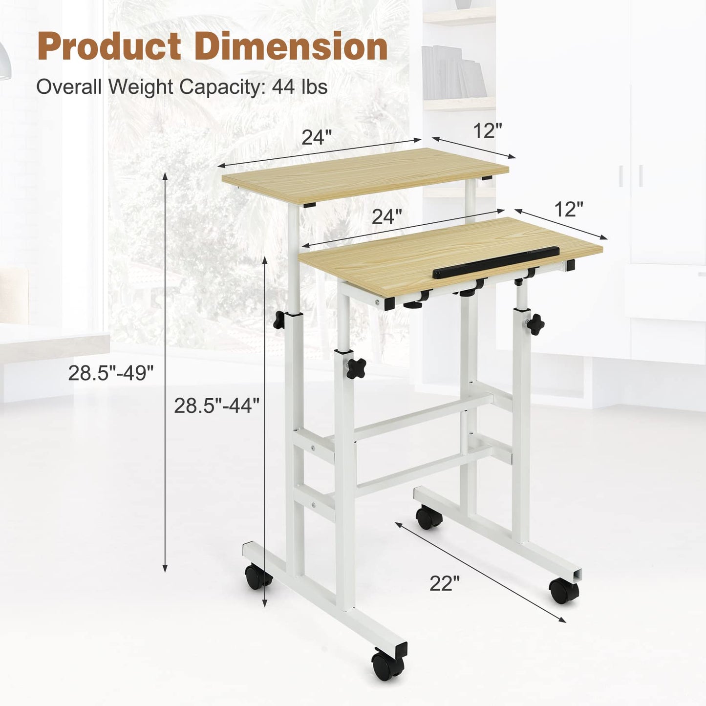 Height Adjustable Rolling Laptop Cart w/Tilting Desktop for Standing or Sitting