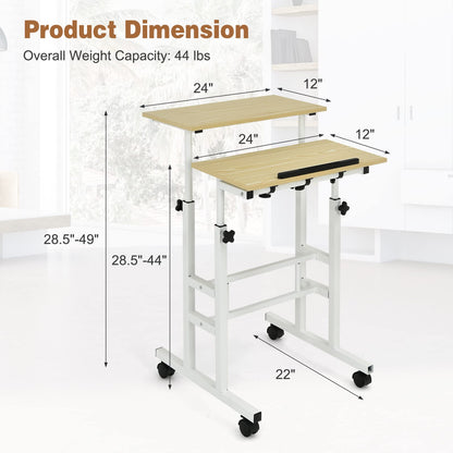 Height Adjustable Rolling Laptop Cart w/Tilting Desktop for Standing or Sitting