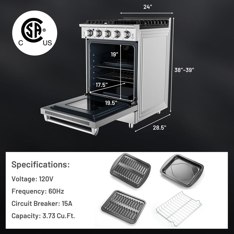 24 Inches Natural Gas Range, with 4 Burners Cooktop & 3.73 Cu.Ft. Convection Oven, Storage Drawer