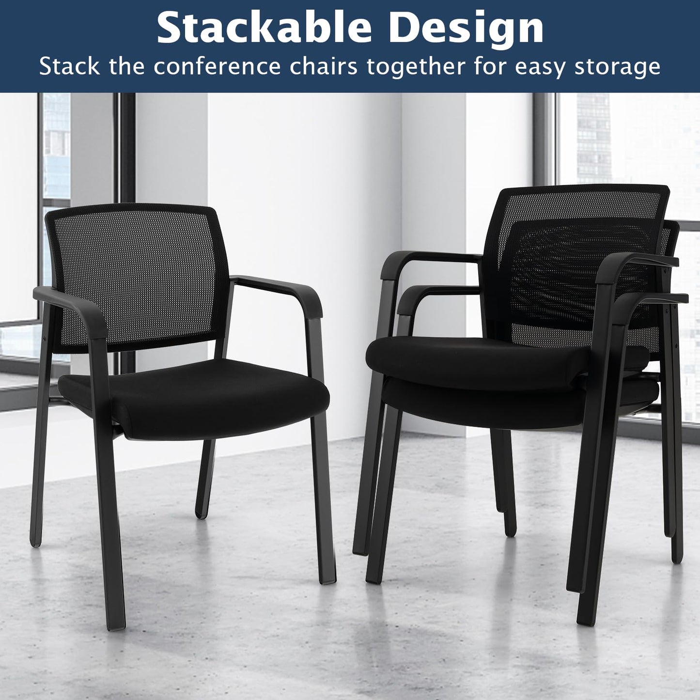 Office Guest Stacking Chairs with Mesh Backrest Armrest and Upholstered Seat