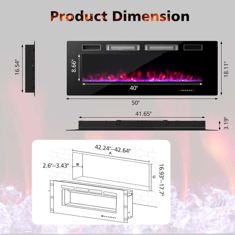 50-Inch Wide Electric Fireplace 3.19-Inch Deep Ultra-Thin Wall-Mounted and Recessed Fireplace Heater