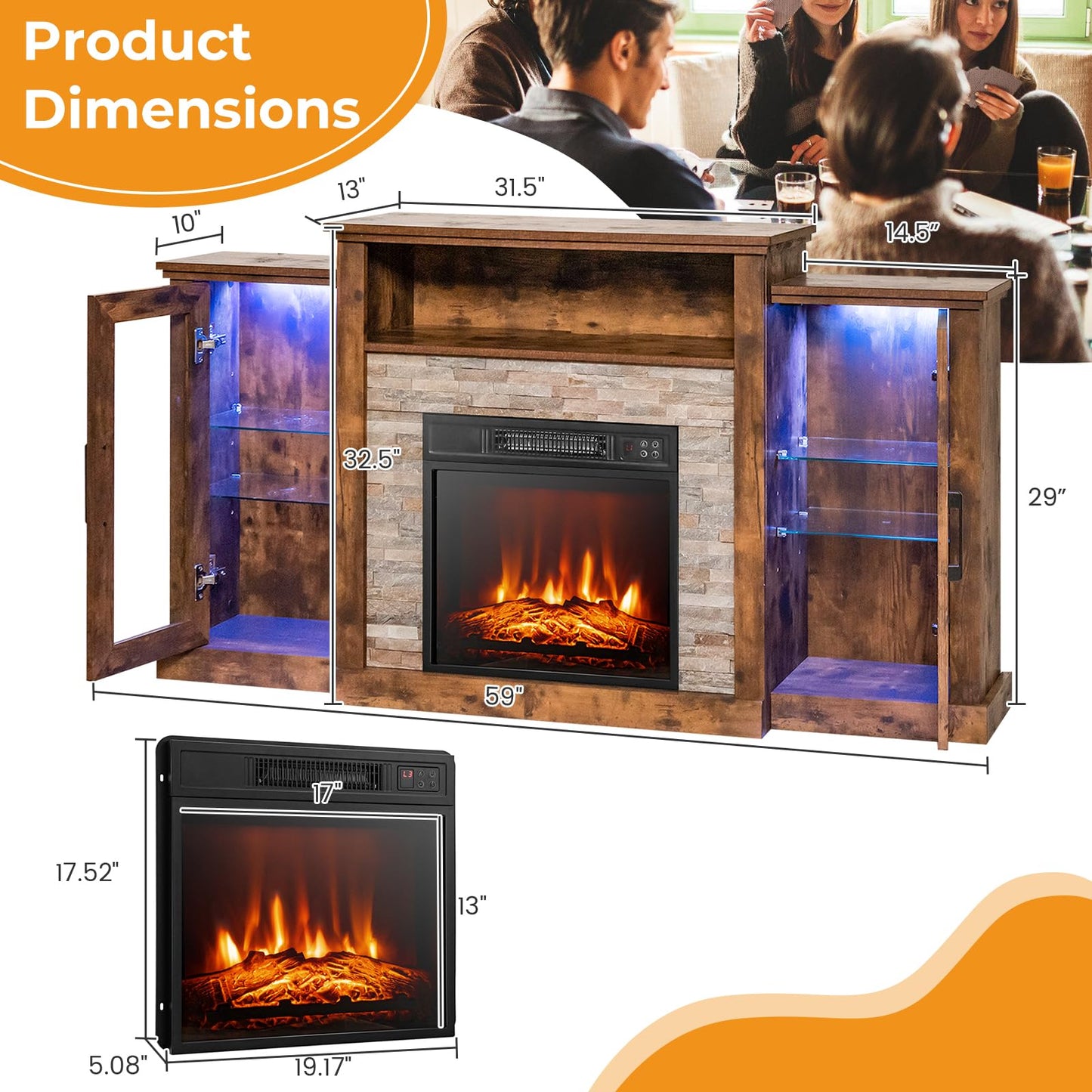 Fireplace TV Stand with LED Lights for TV up to 65”, Entertainment Center with 18” Electric Fireplace