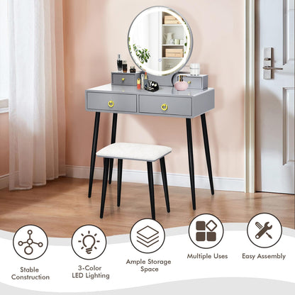 Vanity Table Set with Mirror and Lights w/ 3 Color Lighting Modes & Adjustable Brightness