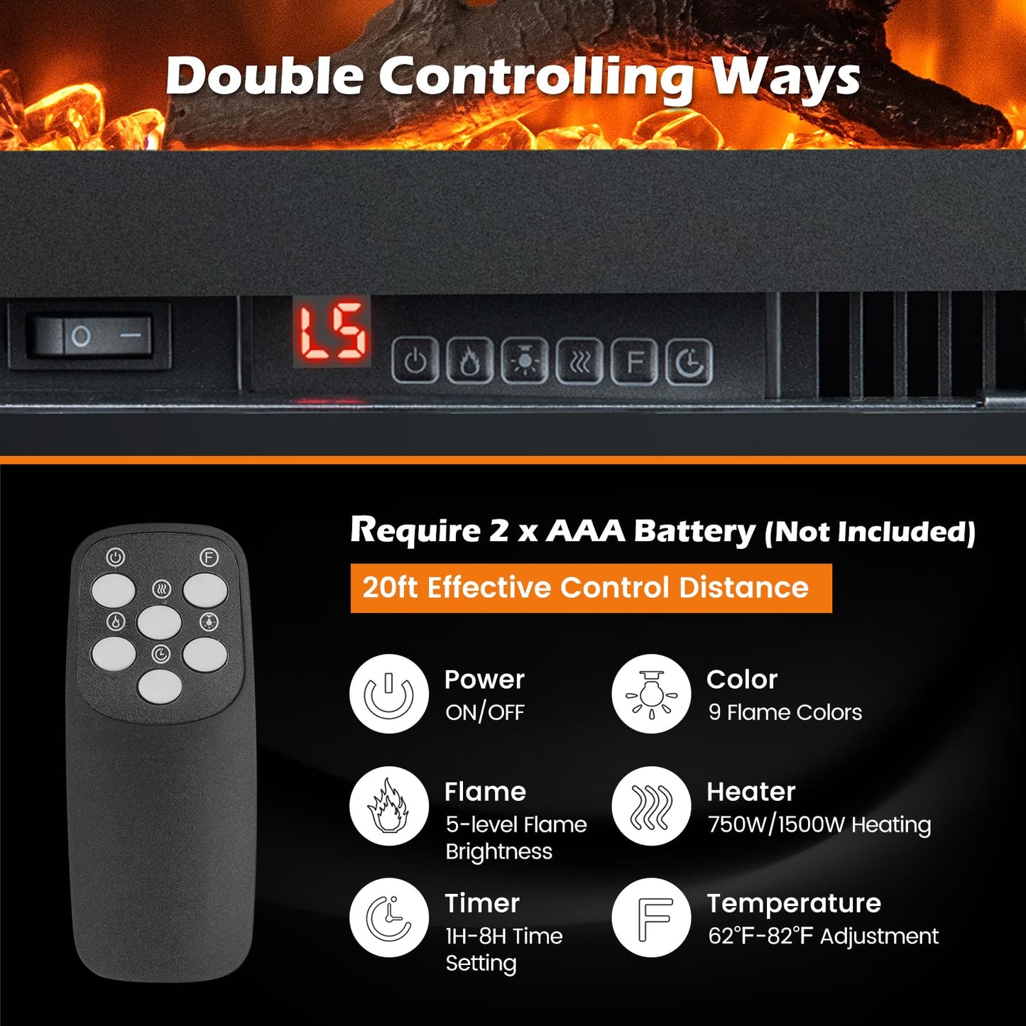 Electric Fireplace 36-Inch Wide, 9 Flame Color, 5-Level Brightness, 8H Timer, Thermostat