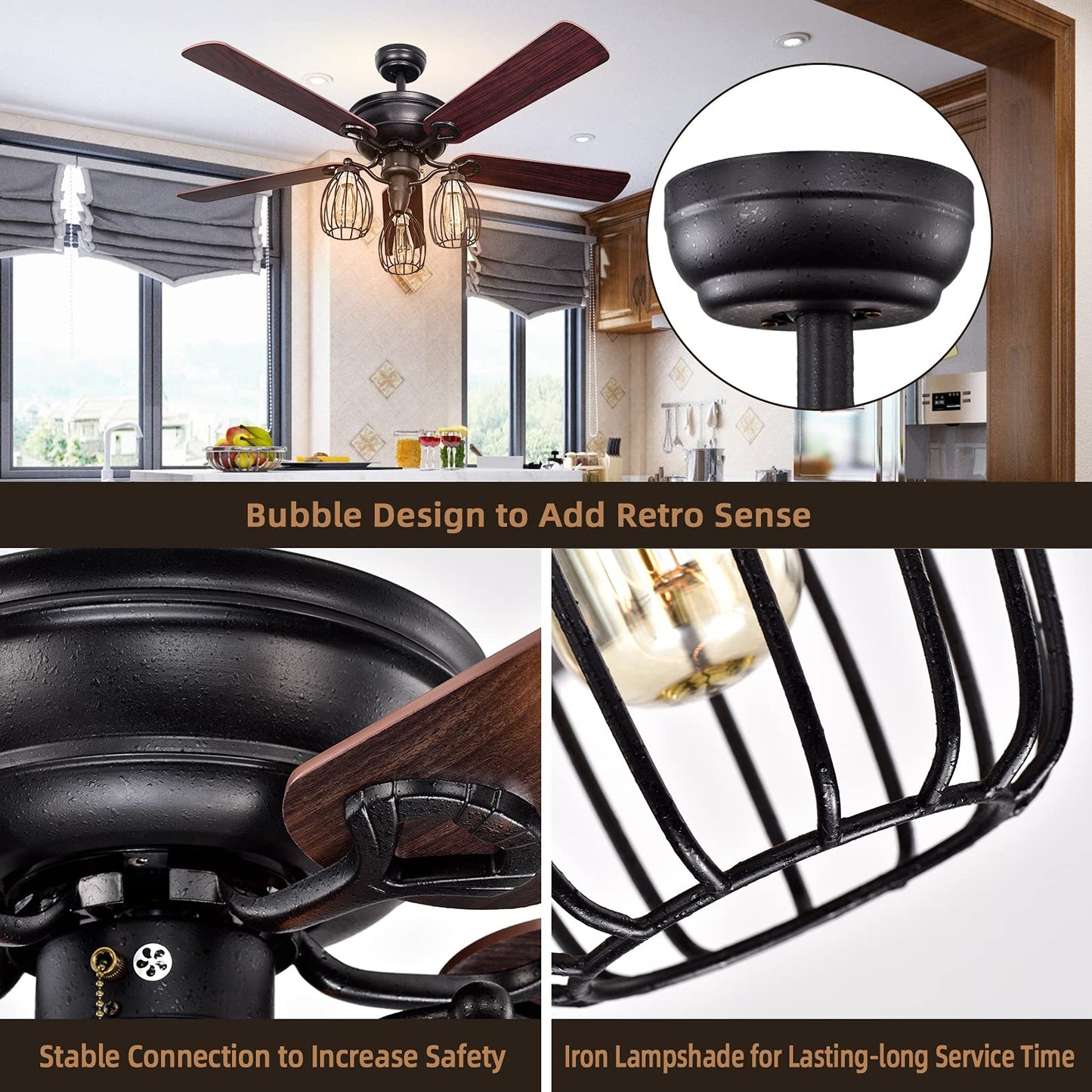 52-Inch Ceiling Fan with Lights, Industrial Ceiling Fan w/ 5 Iron Blades & 3 Cage Lights