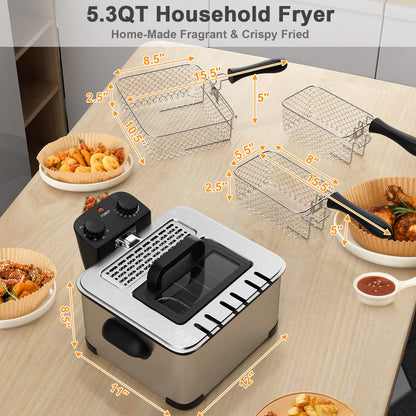 ARLIME Deep Fryer with 2 Baskets, 5.3 Qt/5L Electric Fryer with Adjustable Temperature & Timer