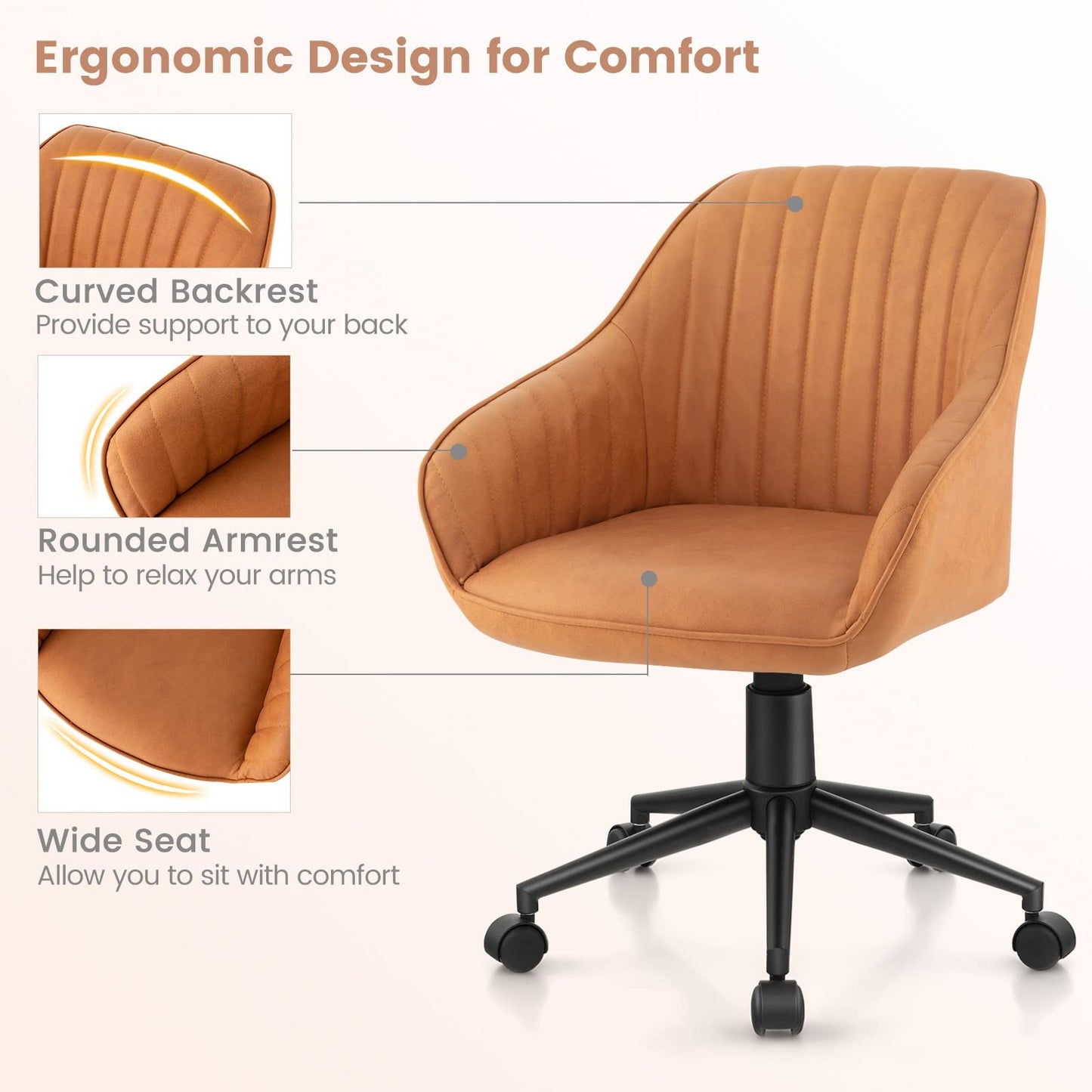 Leather Home Office Chair Adjustable Rolling Leisure Accent Chair with Ergonomic Arms & Backrest