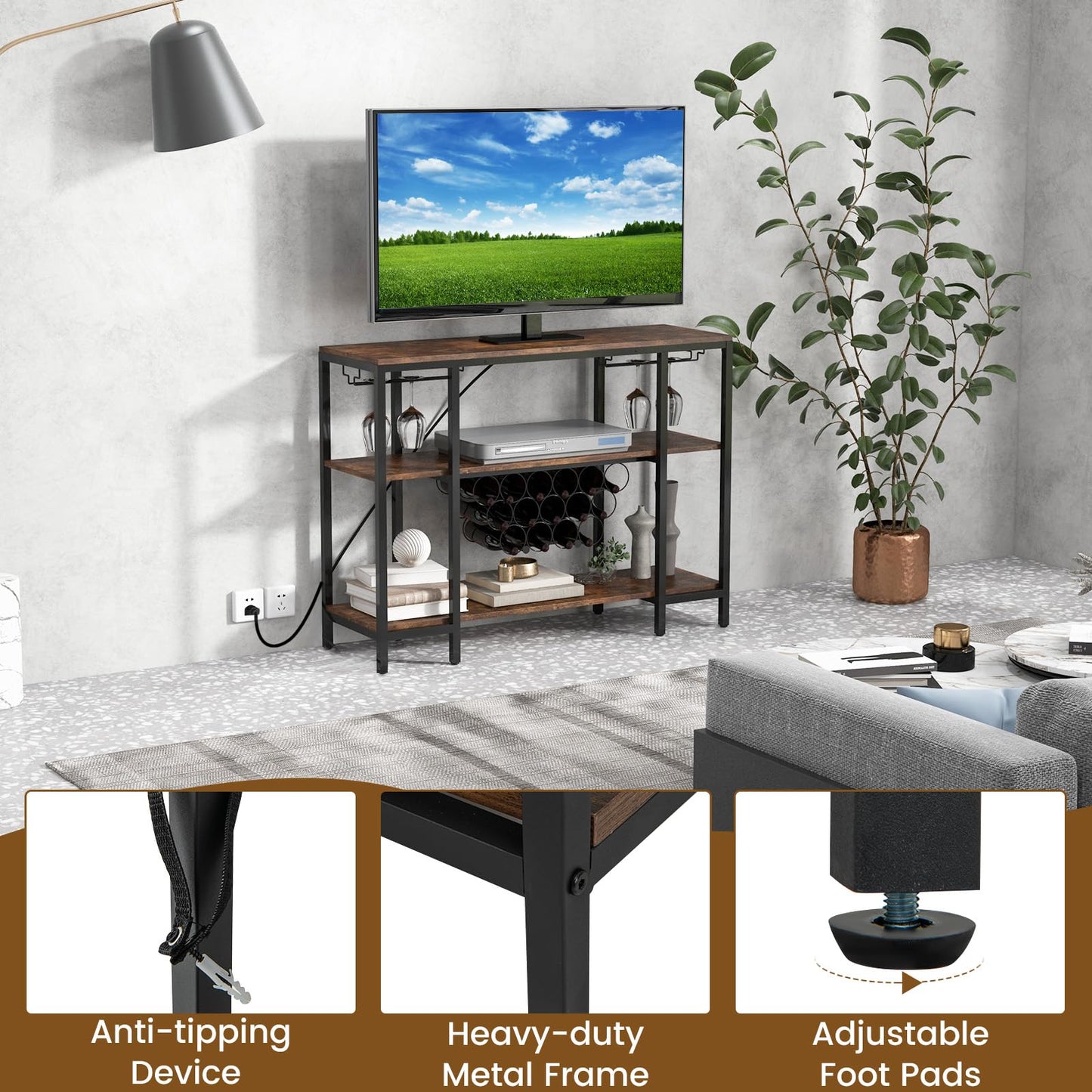 Wine Bar Cabinet 3-Tier Home Mini Bar for Liquor w/Power Outlets