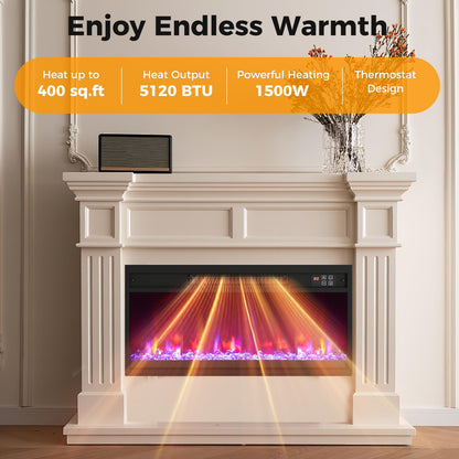 26 Inch Recessed Fireplace Heater, Electric Fireplace Insert w/Multi-Color Flame & Crystal Ember Bed